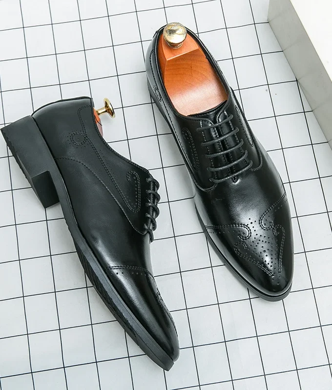 Big Size Classic Black Brown Men's PU Leather Oxford Shoes Lace-Up Office Dress Wedding Brogue Pointed Toe Business Formal Shoes