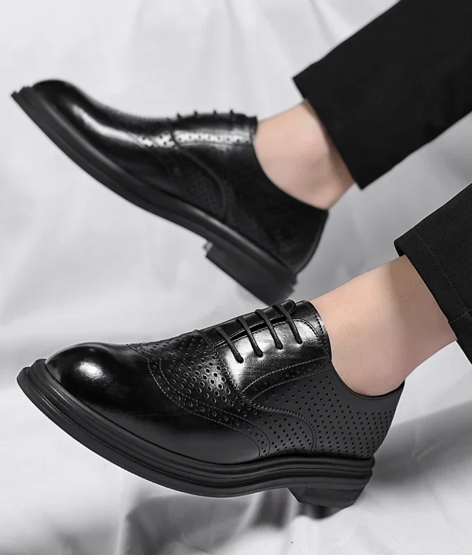 Spring Summer Men Hollow Platform High Heel 6/8 CM Height Growth Formal Men Derby Leather Shoes Man Wedding Dress Elevator Shoes