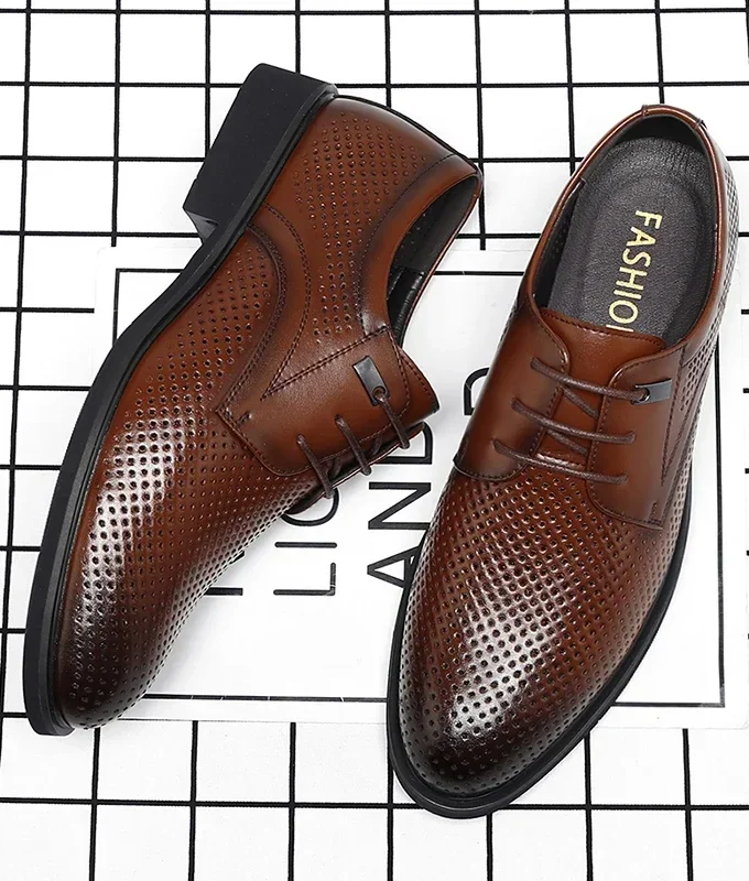 Men Flat / 6CM Heightening Elevator Shoes Hollow Breathable Business Formal Leather Shoes Man British Dress Casual Wedding Shoes