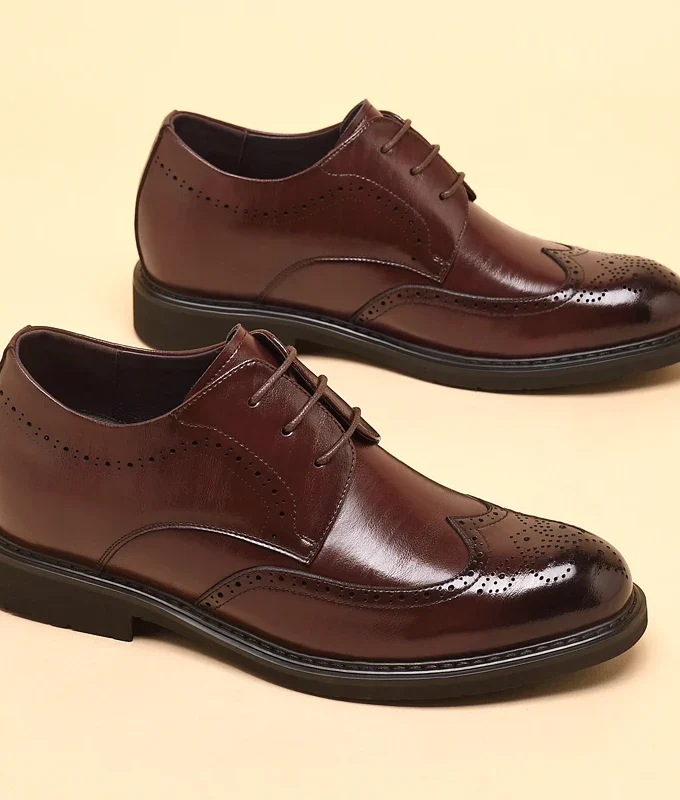 Men's Dress Brogues Elevator Shoes Platform Breathable Casual Business Luxury Genuine Leather Heightening Shoes 6 8CM Taller Man