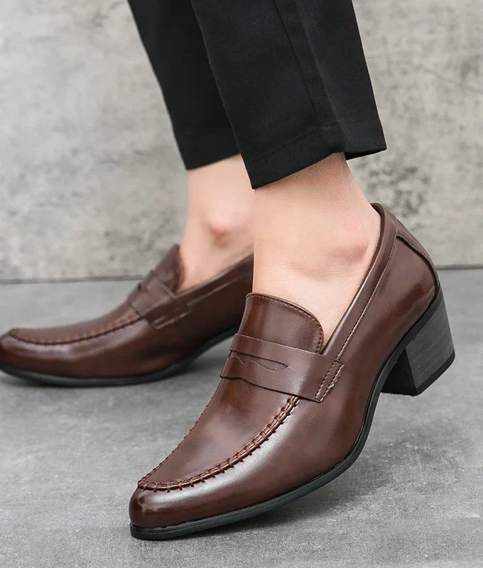 Men Penny Loafers With Heel 6CM Leather Shoes Business Elegant Wedding Party Casual Dress Shoes Brown Black Lift Shoes for Men