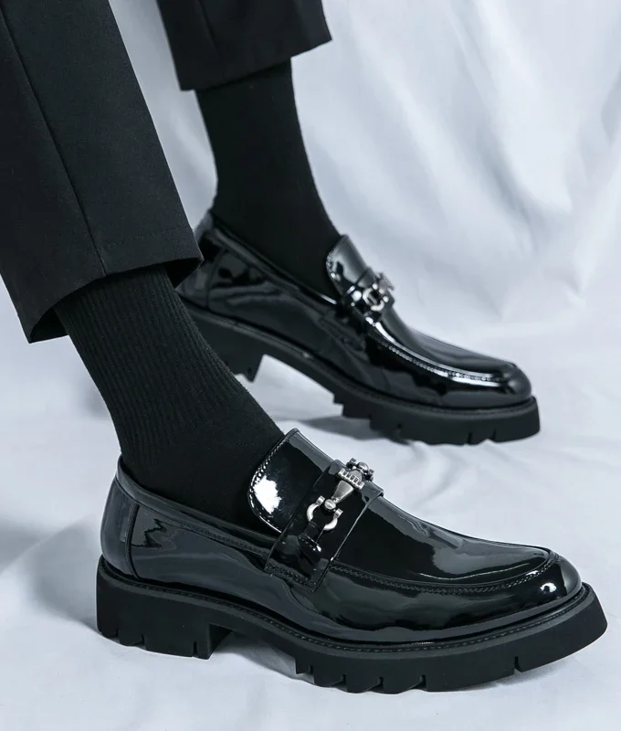 Men Patent Leather Oxfords Slip On Thick Tottom Height Increasing Derby Shoes Casual al Loafers Fashion Formal Dress Shoes