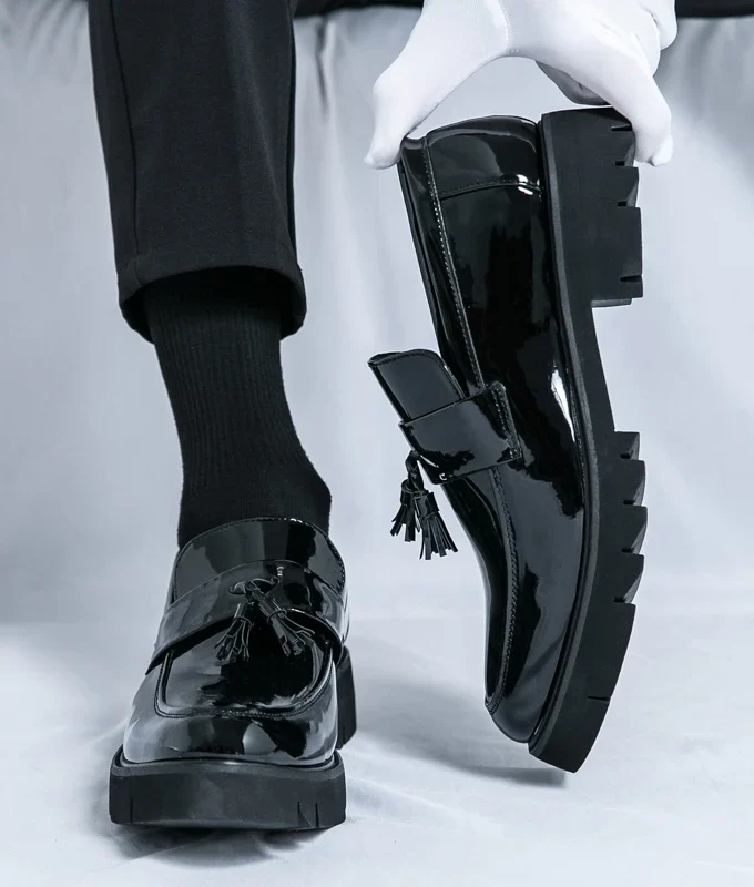 Men Patent Leather Oxfords Slip On Thick Tottom Height Increasing Derby Shoes Casual al Loafers Fashion Formal Dress Shoes