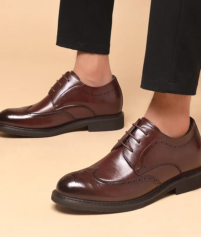 Men's Dress Brogues Elevator Shoes Platform Breathable Casual Business Luxury Genuine Leather Heightening Shoes 6 8CM Taller Man