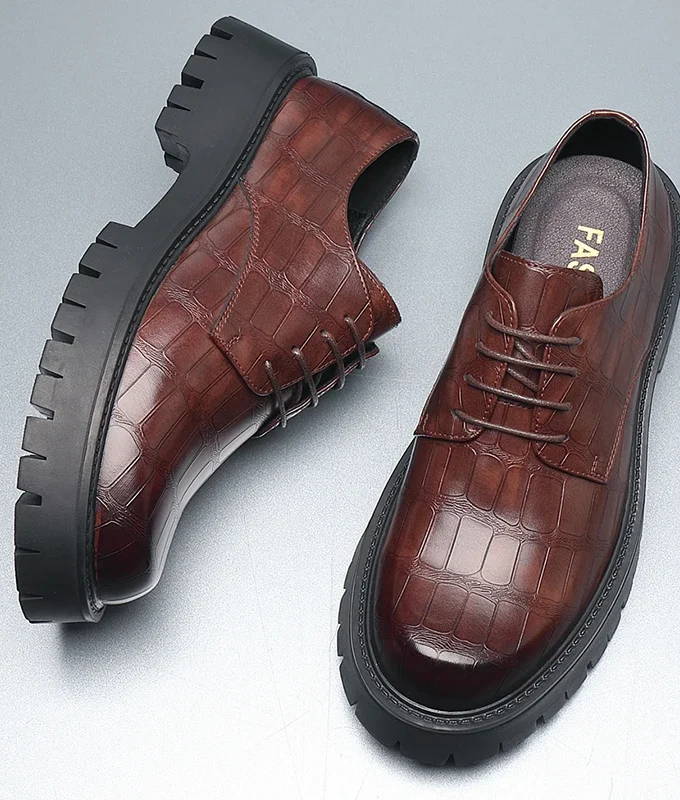 Vintage 4CM Platform Men's Genuine Leather Dress Shoes Luxury Handmade Autumn Designer Thick-sole Wedding Social Derby Shoes Man